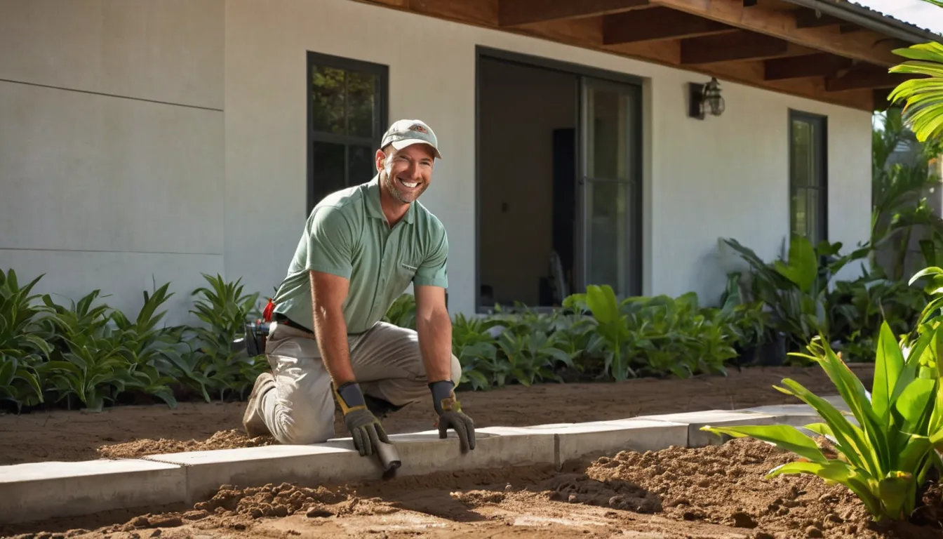 Friendly pest control provider inspecting the foundation of a single-story block home in St. Petersburg